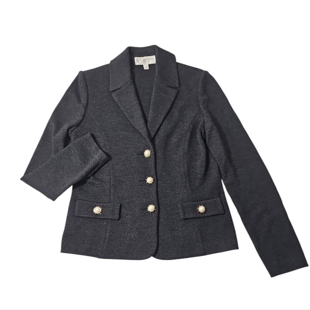ST JOHN Collection Jacket Santana Knit, Dark Grey Pearl Buttons Blazer